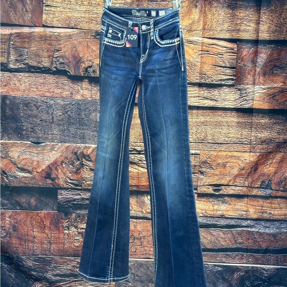 Miss Me Dark Blue Flare Jeans with Contrast Stitching